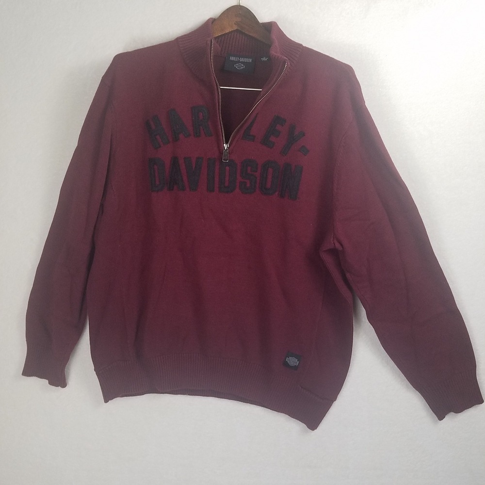 Harley Davidson Quarter Zip Sweater Mens XL Burgundy Excellent Cotton Wool Logo